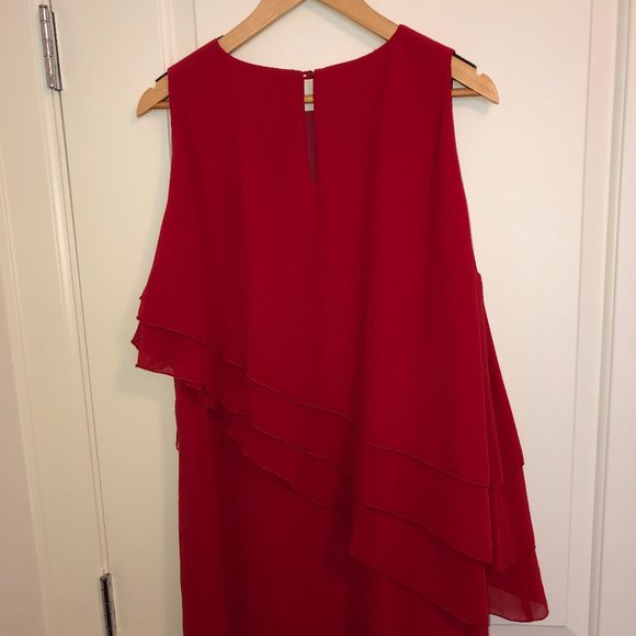 Formal Red Gown w/ a flouncy layered overlay. - Picture 3 of 4